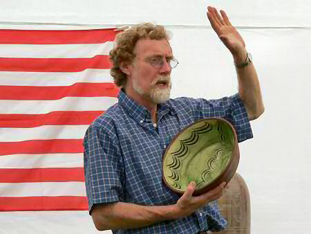 Toff with Elijah Comfort pie dish, waxing lyrical on the evolution of studio pottery