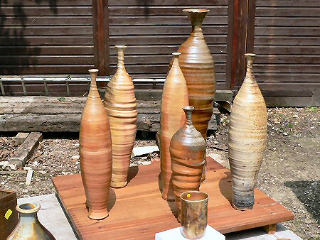 Tall wood fired bottles fired in the Rufford anagama kiln