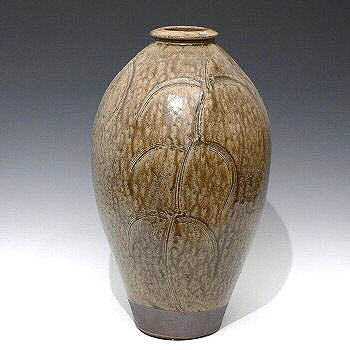 Monumental ash glazed stoneware vase with incised tree decoration