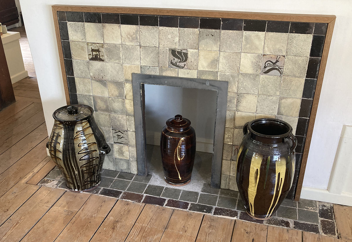 Bernard Leach fireplace, Russell Kingston and Clive Bowen pots